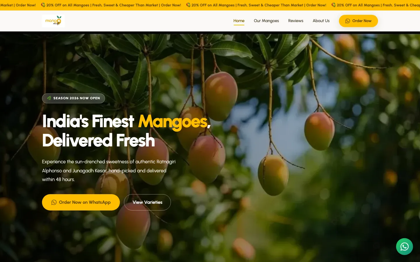 MangoMasti homepage showing premium mango varieties and a WhatsApp order button