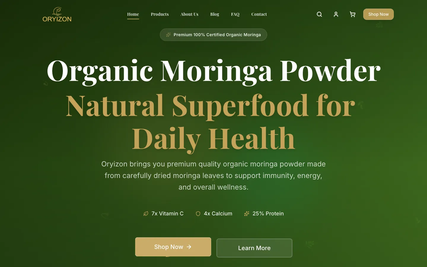 Oryizon store page for organic Moringa leaf powder